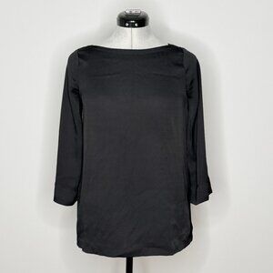 LOFT Black Boat Neck 3/4 Sleeve Satin-Look Blouse Top